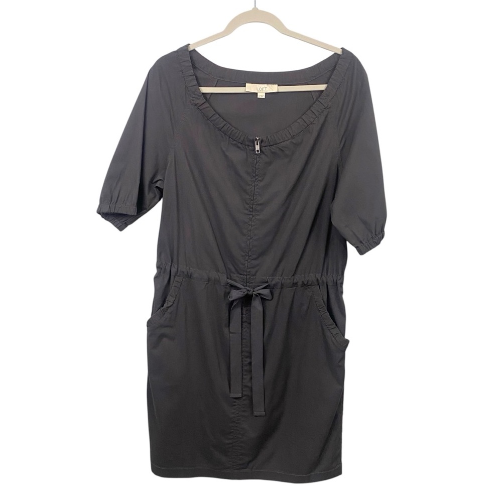 Ann Taylor LOFT Gray Short Sleeve Zip Front Dress Size Medium Tie Waist